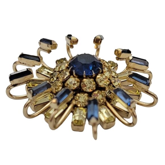 Kramer NY Gold Tone Blue Jonquil Prong Rhinestone Dimensional Starburst Pin K307 - Picture 3 of 14